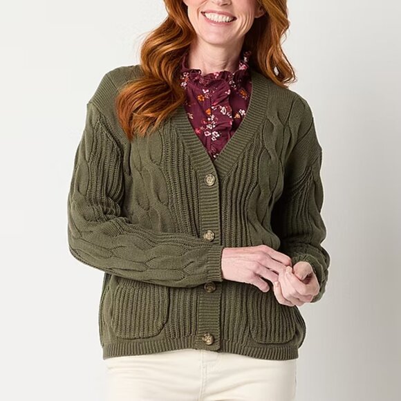 NWT St. John's Bay Womens V Neck Long Sleeve Button Cardigan, Olive - Picture 1 of 11